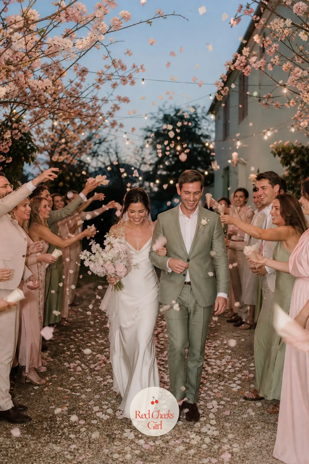 A Petal Toss Send-Off — As the night winds down, guests line up outside the exit, small cones of petals in hand, waiting for the couple to walk through one