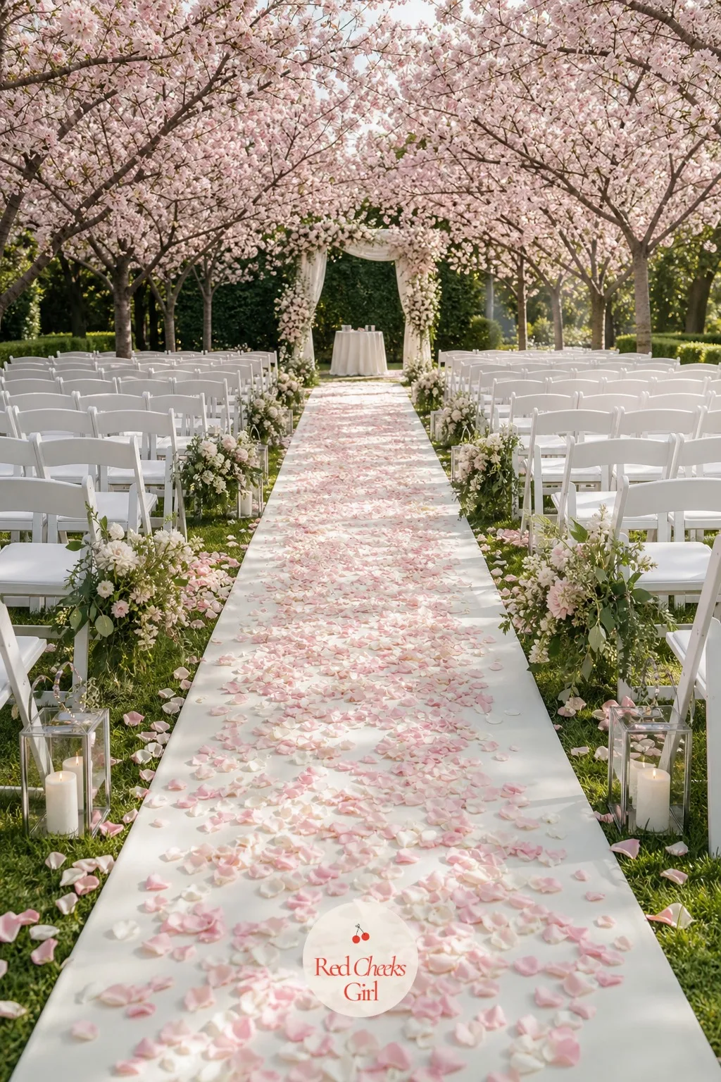 Petal-Strewn Aisle Runner — Under the arch, the floor needs its own moment. Cherry blossom wedding