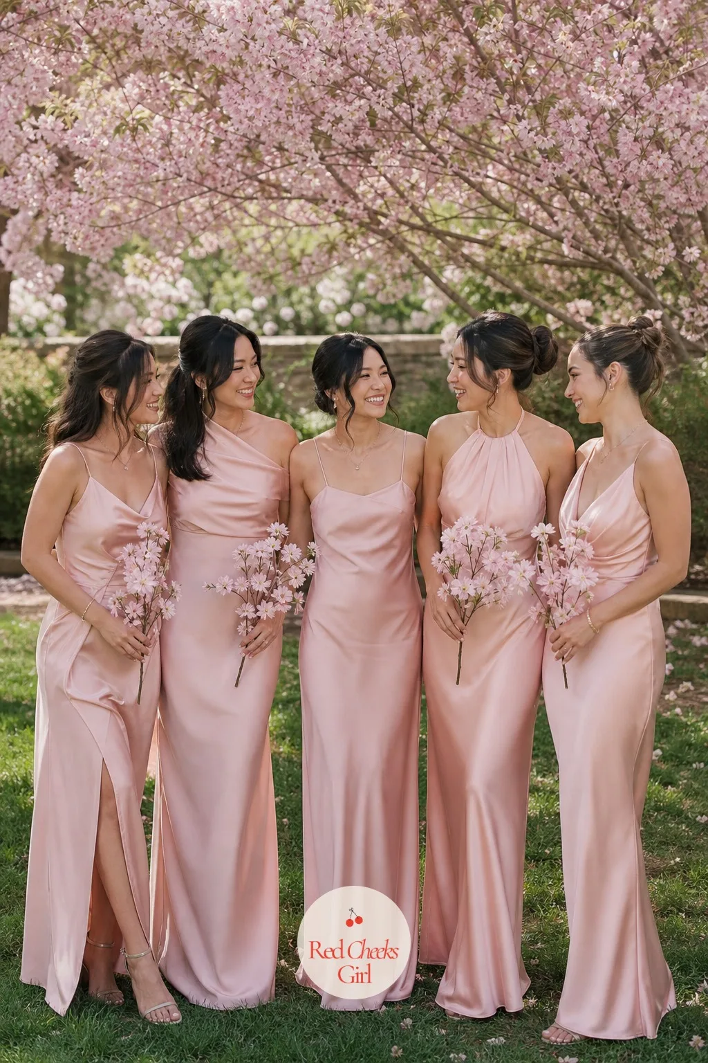 Pink Bridesmaid Dresses — Standing under the arch, the bridesmaids need to read as part of the scenery, not a separate colour story layered on top of it.