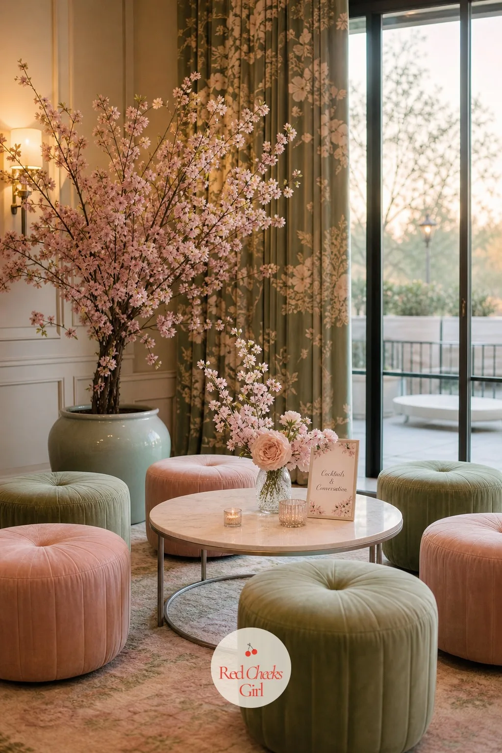 A Pink and Green Cocktail Lounge Corner — Somewhere between the ceremony and dinner, guests need a corner to drift toward with a drink in hand. Cherry blossom