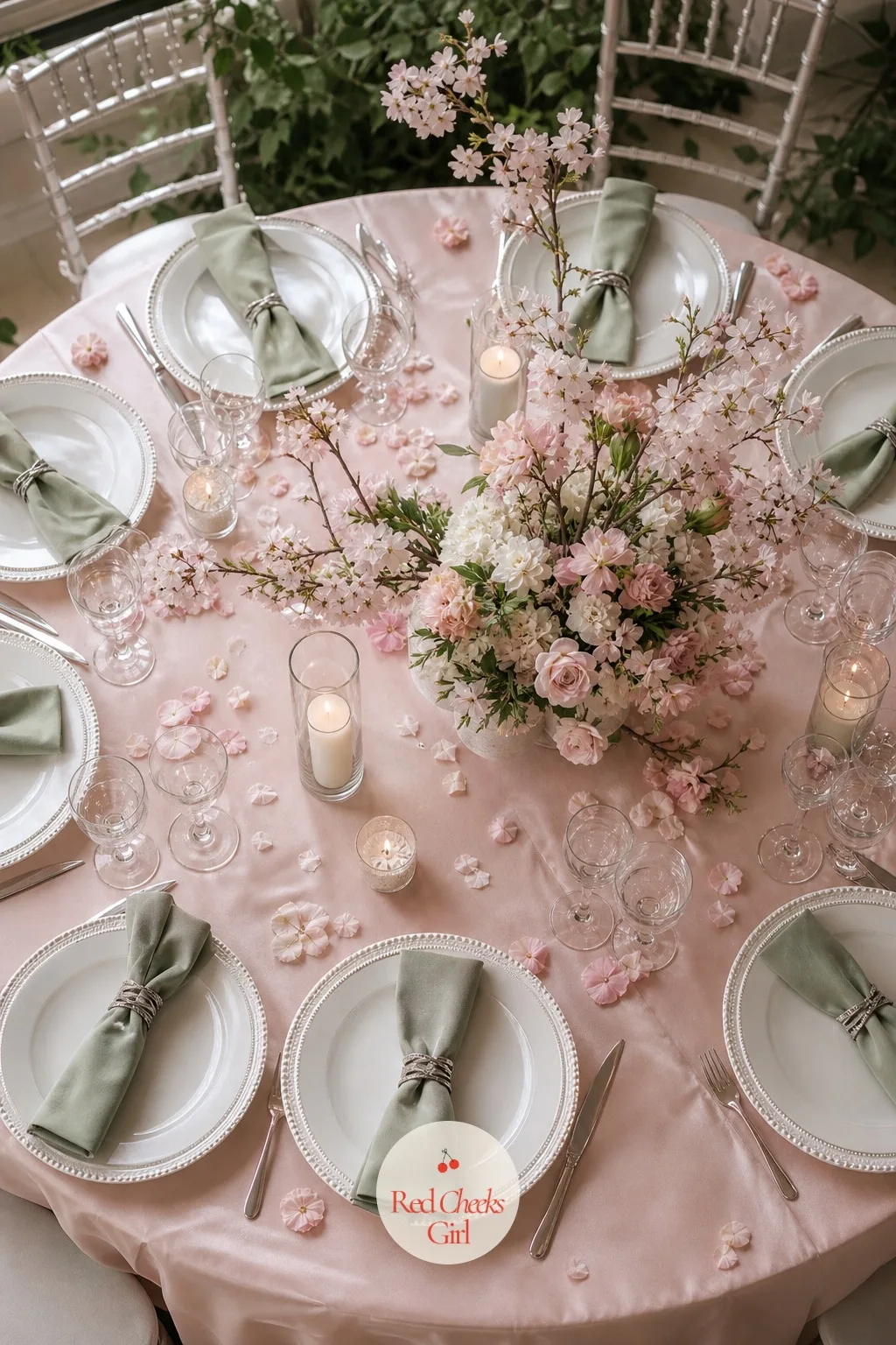 Pink and White Tablescape — Under the branches, the table itself has to hold its own, soft but not plain, so it still looks finished in the photographs taken