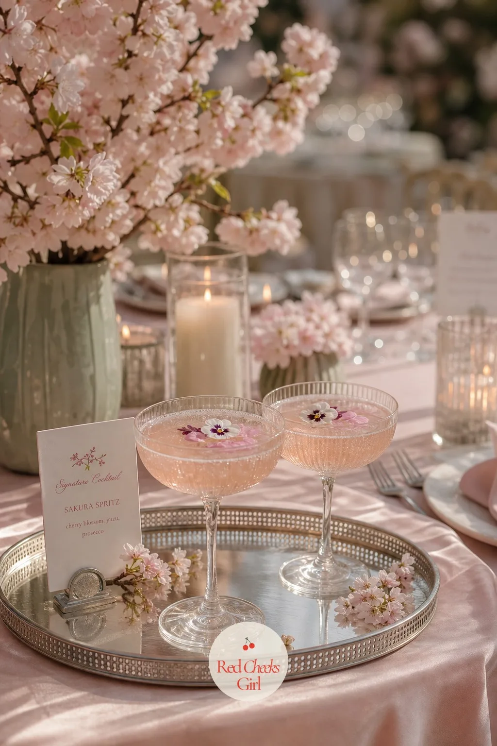 A Sakura Spritz Signature Cocktail — Near the dessert table or at the entrance, a single welcome drink keeps the palette going past the food and into what