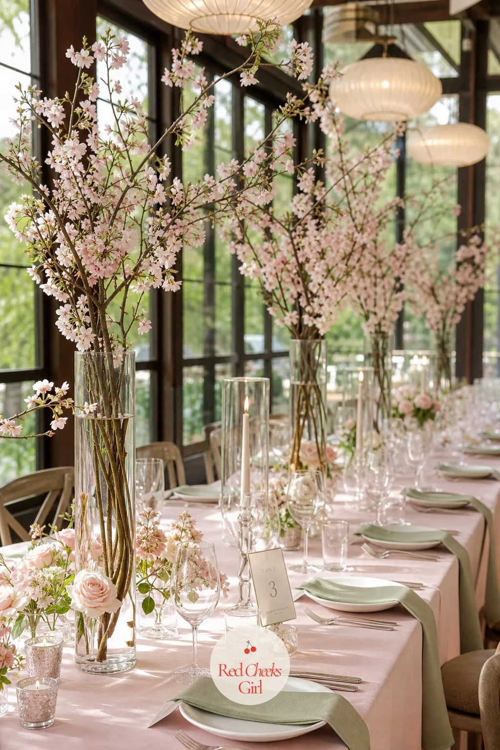 Tall Blossom Branches in Clear Vases Down the Tables — Inside the reception, the branches come back, but taller and set into the tables themselves, so guests
