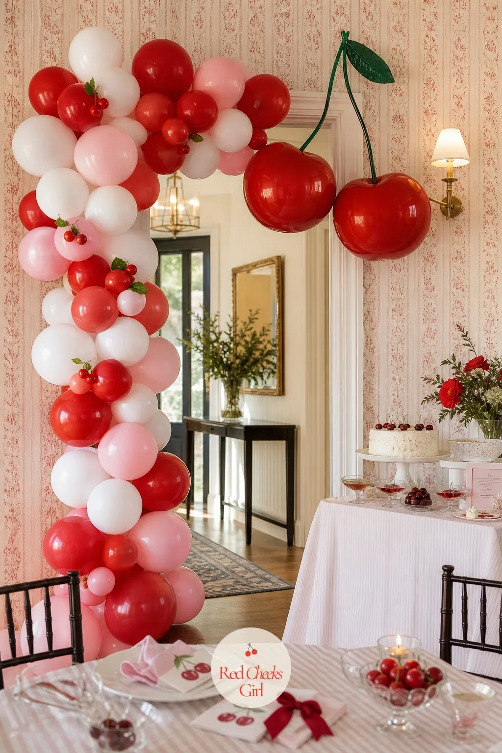 Cherry Balloon Garland — She will say a balloon garland looks like a child's birthday party if it is done wrong. Cherry bridal shower theme