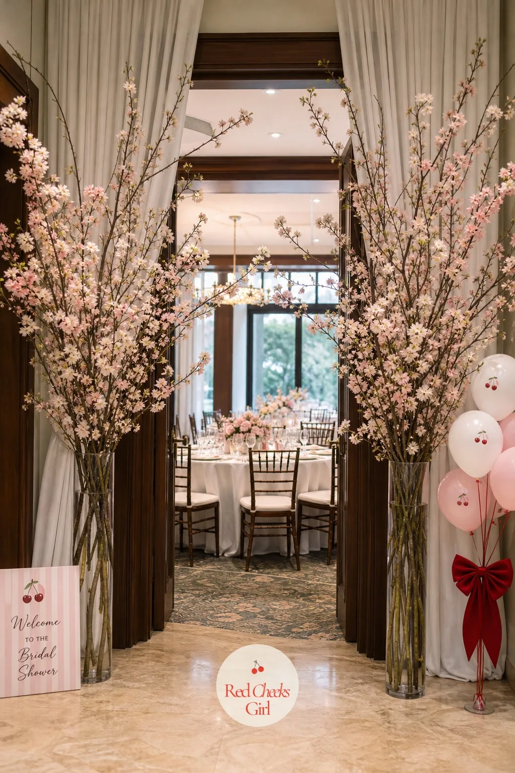 Cherry Blossom Branch Entrance Arrangement — An entry that is only balloons and a sign can still feel thin at floor level. Cherry bridal shower theme