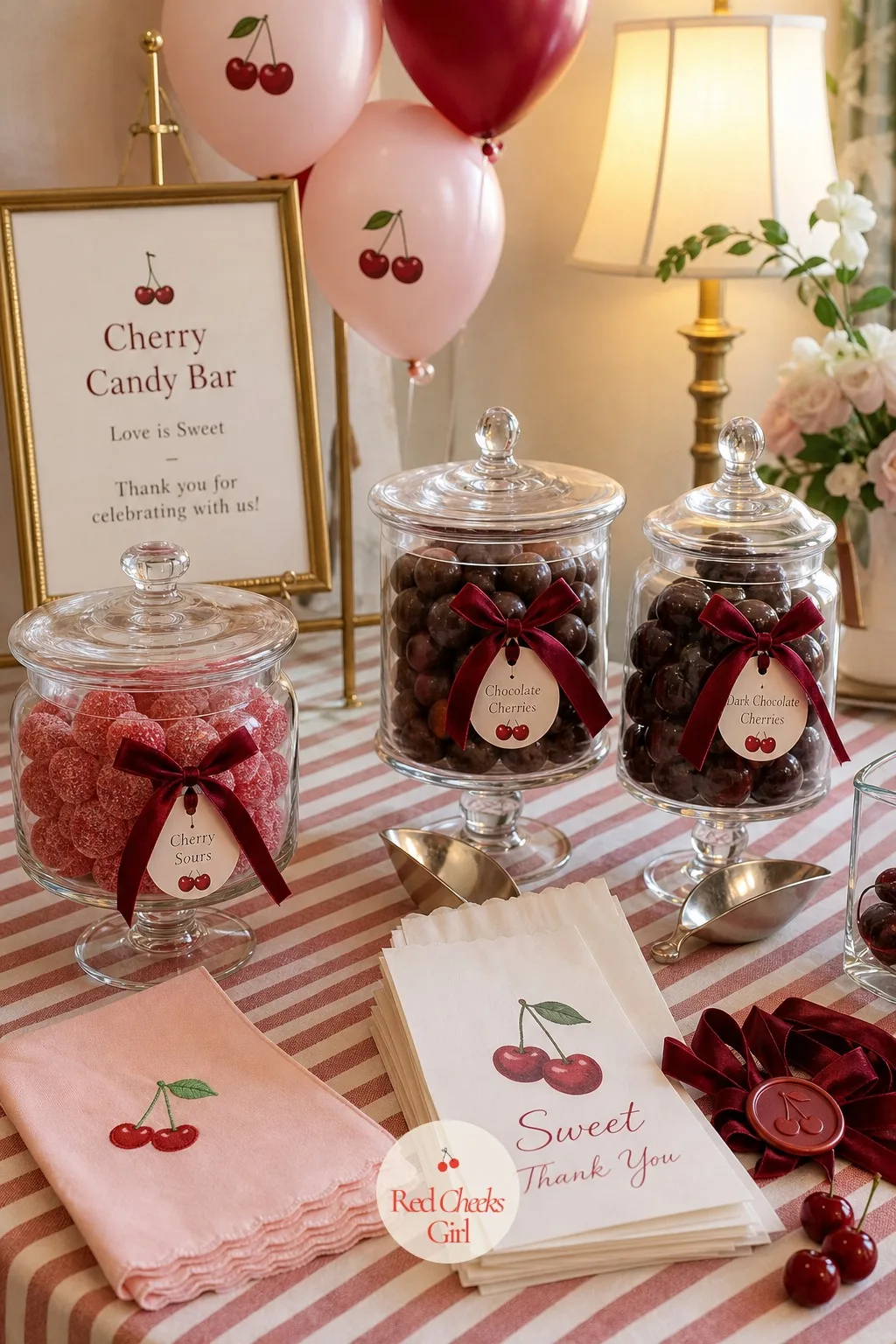 Cherry Candy Bar — A small nostalgic stop between the pie table and the cake keeps guests moving instead of camped at one spot. Cherry bridal shower theme