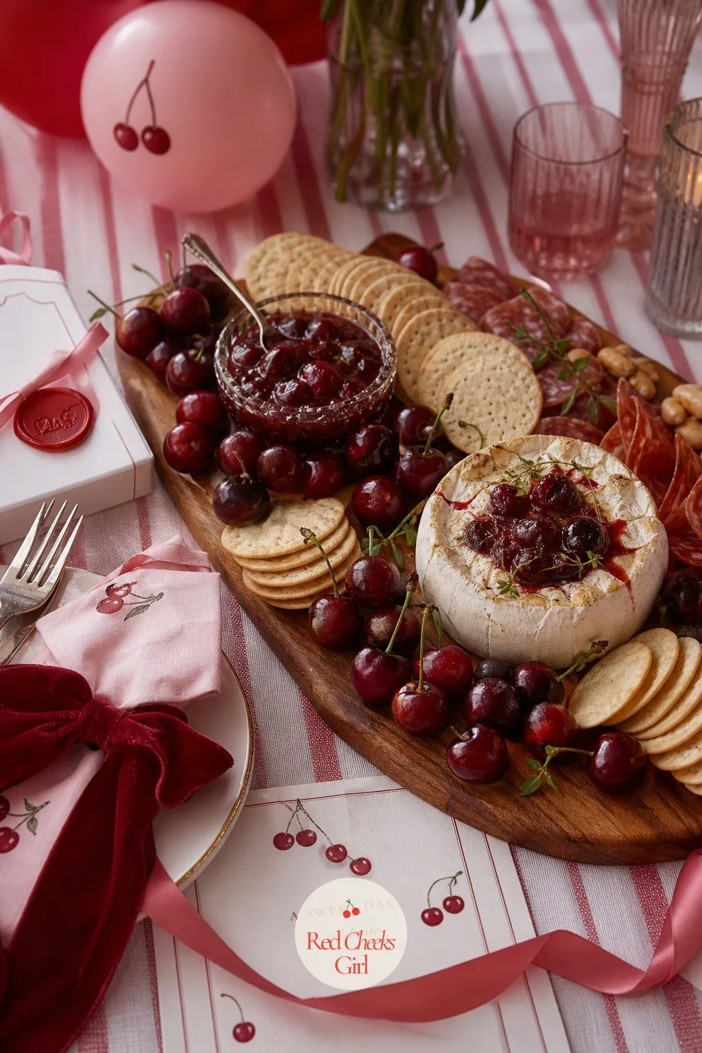 Cherry Charcuterie Board — Not every guest wants sugar at two in the afternoon, and a savory landing spot keeps the table balanced. Cherry bridal shower theme