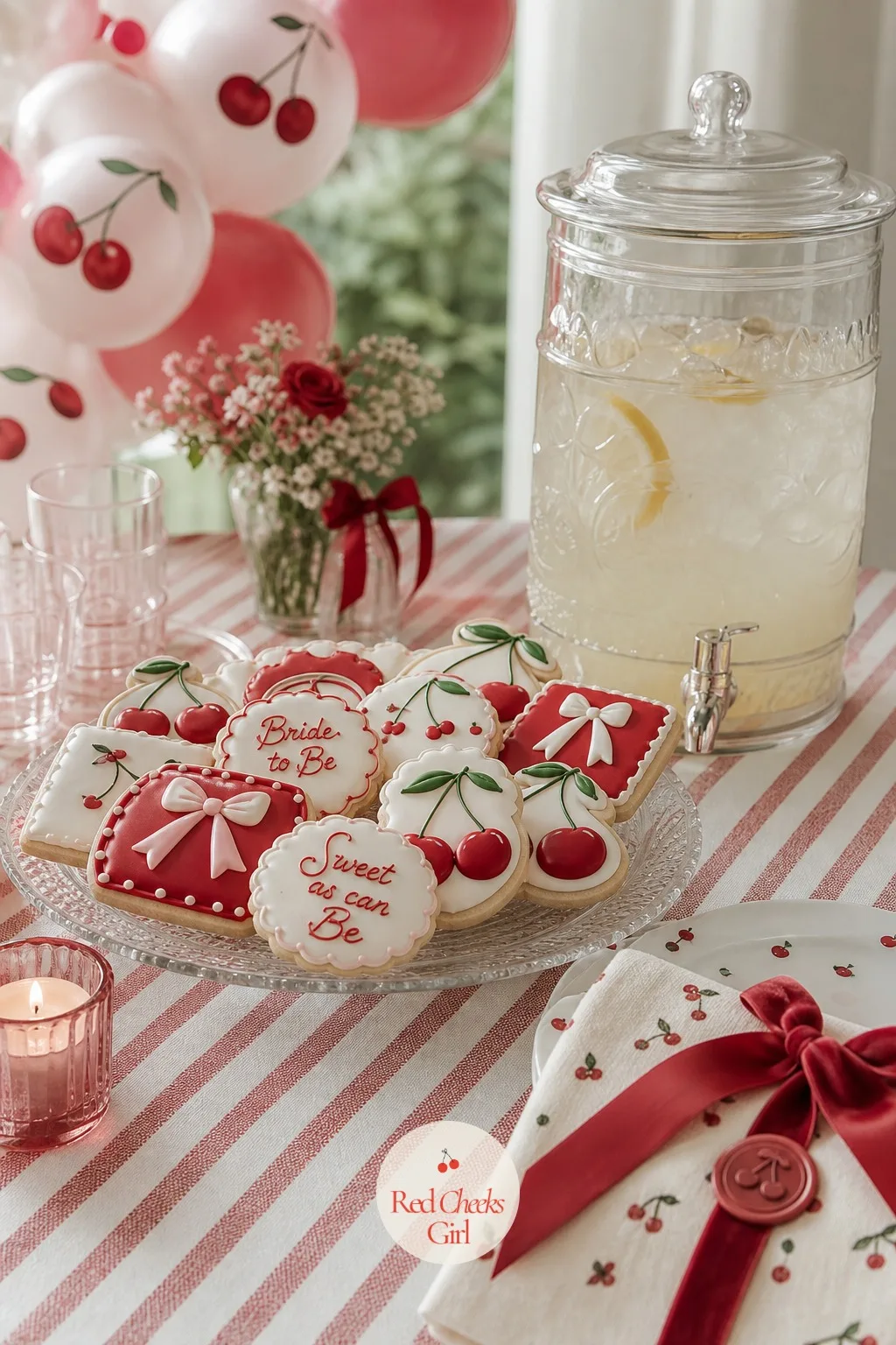 Cherry Cookies — A tiny sweet at each place, or passed on a tray, finishes the food without another big display competing with the cake. Cherry bridal shower