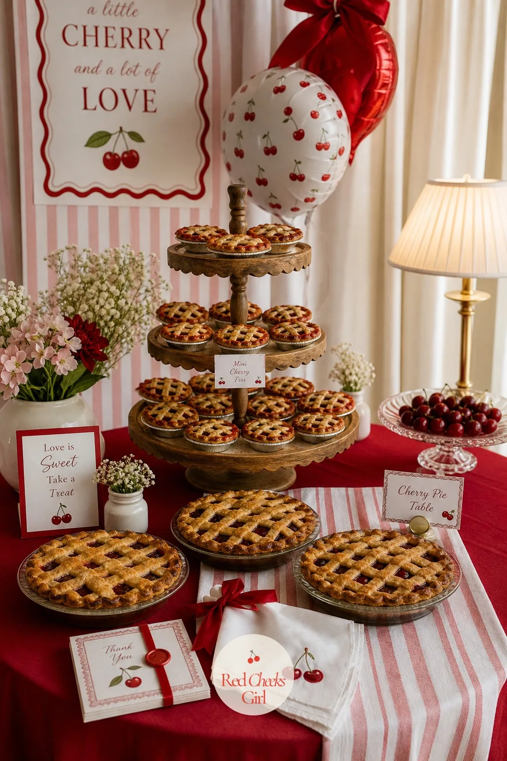 Cherry Pie Table — A dessert table that is only cupcakes again does not earn the word cherry. Cherry bridal shower theme
