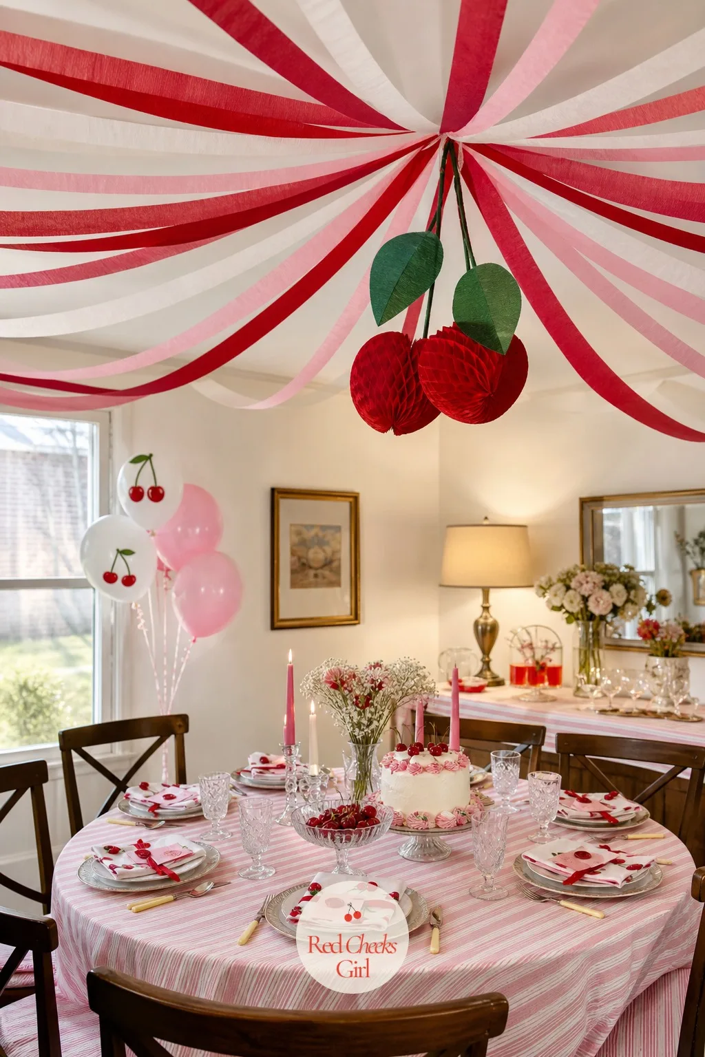 Cherry Streamer Ceiling Swags — Once guests are past the door, the ceiling is usually the one surface nobody dresses, and it shows in photos. Cherry bridal