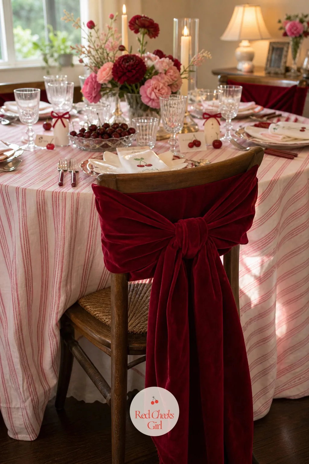 Cherry Velvet Chair Bows — The guest of honor's seat should read differently from the rest of the table without turning into a throne. Cherry bridal shower