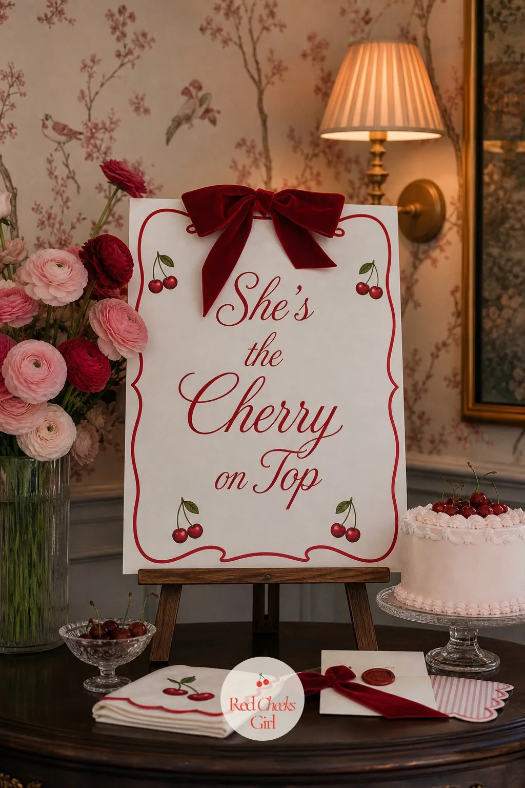 Cherry Welcome Sign — Guests read the room before they read the invitation twice, so the welcome sign has to say the theme fast. Cherry bridal shower theme