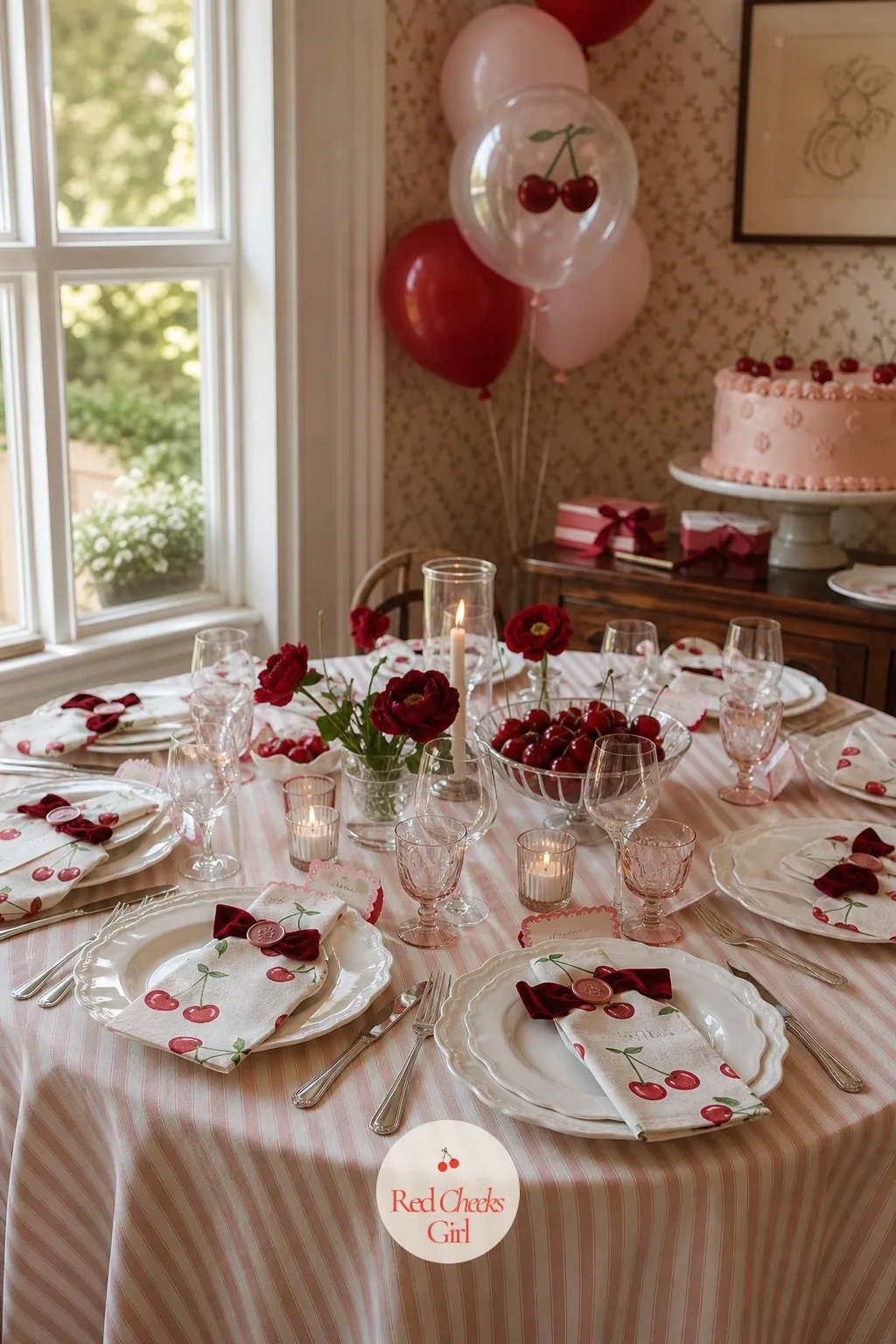 Cherry-Print Napkins — This is the detail a guest actually touches before she touches anything else at her seat, so it sets the tone at hand level. Cherry