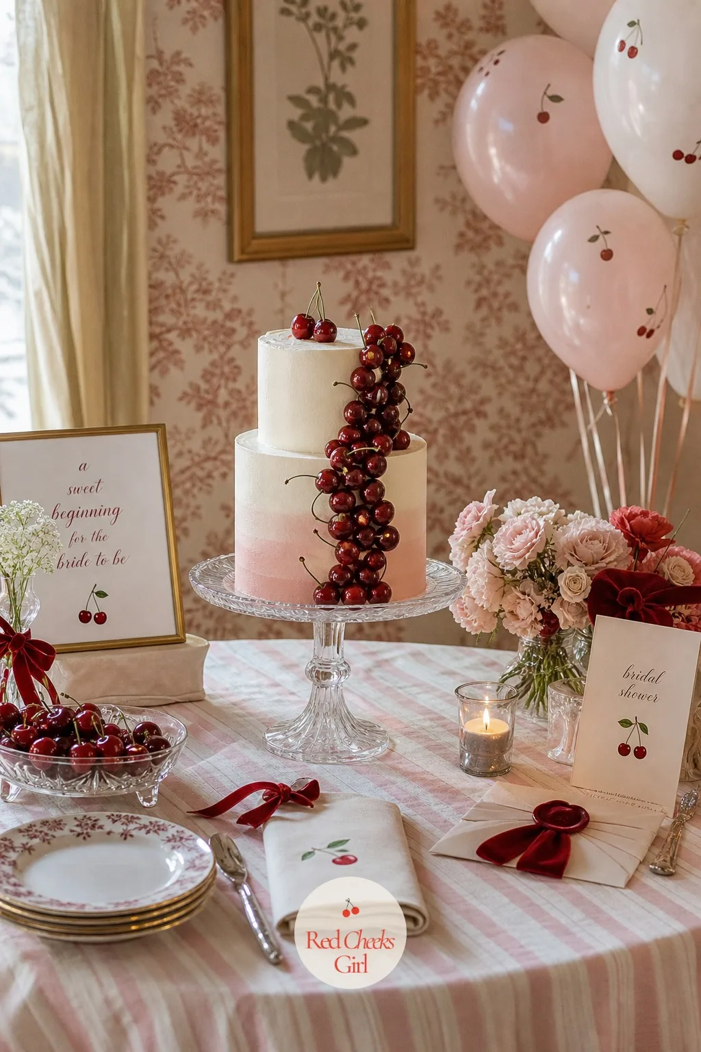 Cherry-Topped Cake — Every shower needs one dessert that is clearly the centerpiece, and this cake carries that job without trying too hard. Cherry bridal