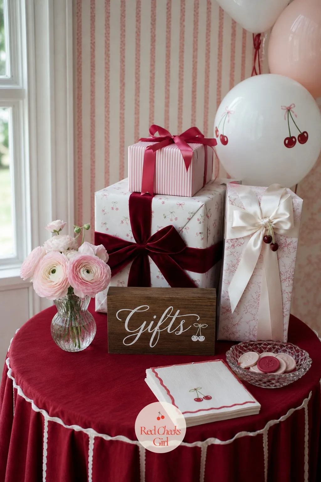 Cherry-Trimmed Gift Table — Gifts pile up fast, and an undressed side table makes the whole corner look like an afterthought. Cherry bridal shower theme