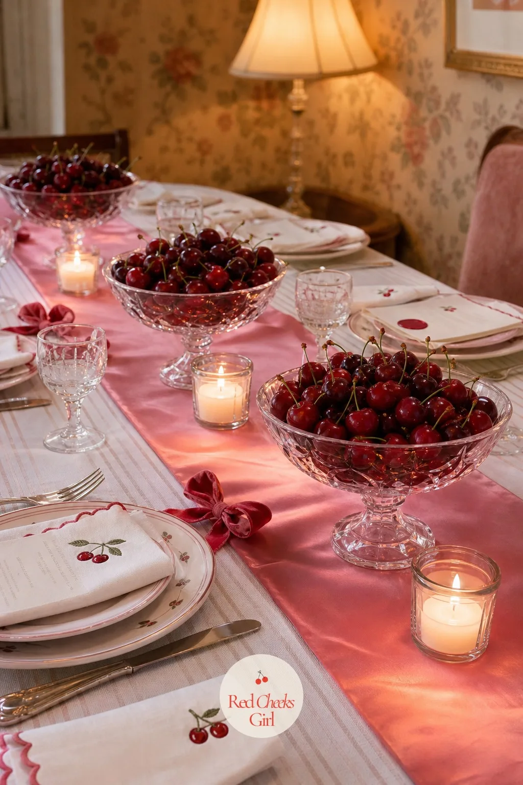 Fresh Cherry Bowl Centerpieces — She might not want florals doing all the talking down the center of the table, and fresh fruit grounds the whole look instead