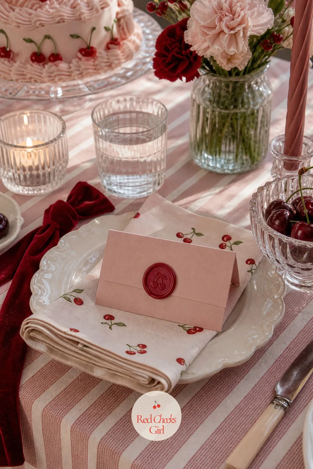 Place Cards With A Cherry Wax Seal — A small formal touch at each seat elevates the table without adding to the budget in any real way. Cherry bridal shower