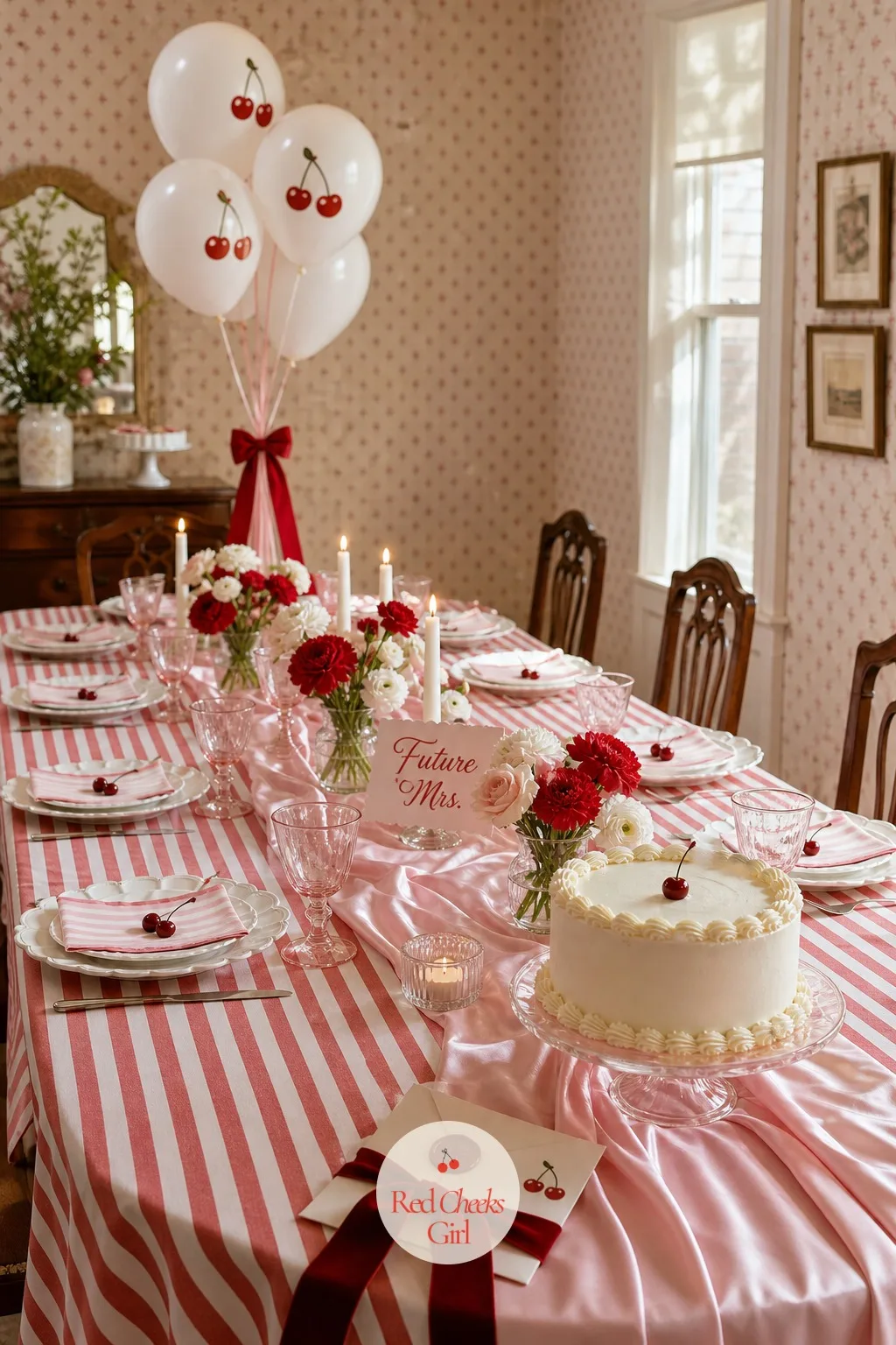 Red And White Striped Tablescape — Every photograph of the afternoon will include this table, so the base linen has to carry the theme on its own, without help