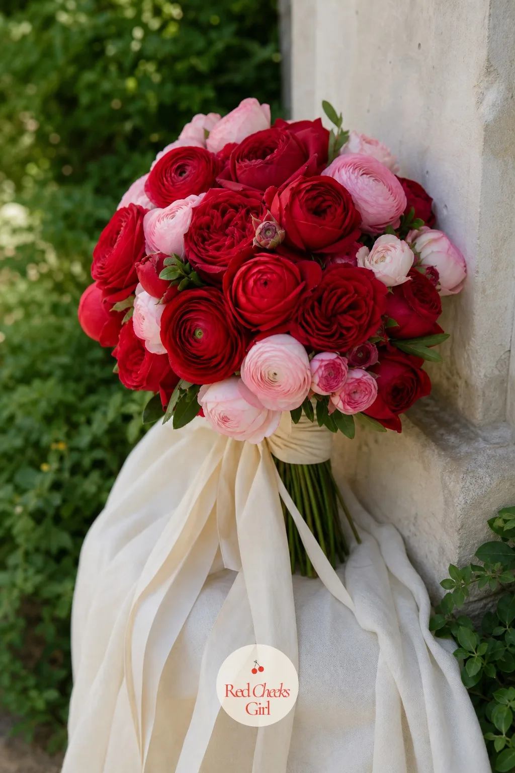 A Bouquet Of Red Ranunculus And Roses — A bride worried about matching a bold dress to a bold bouquet can relax: ranunculus has enough ruffle in its petals to