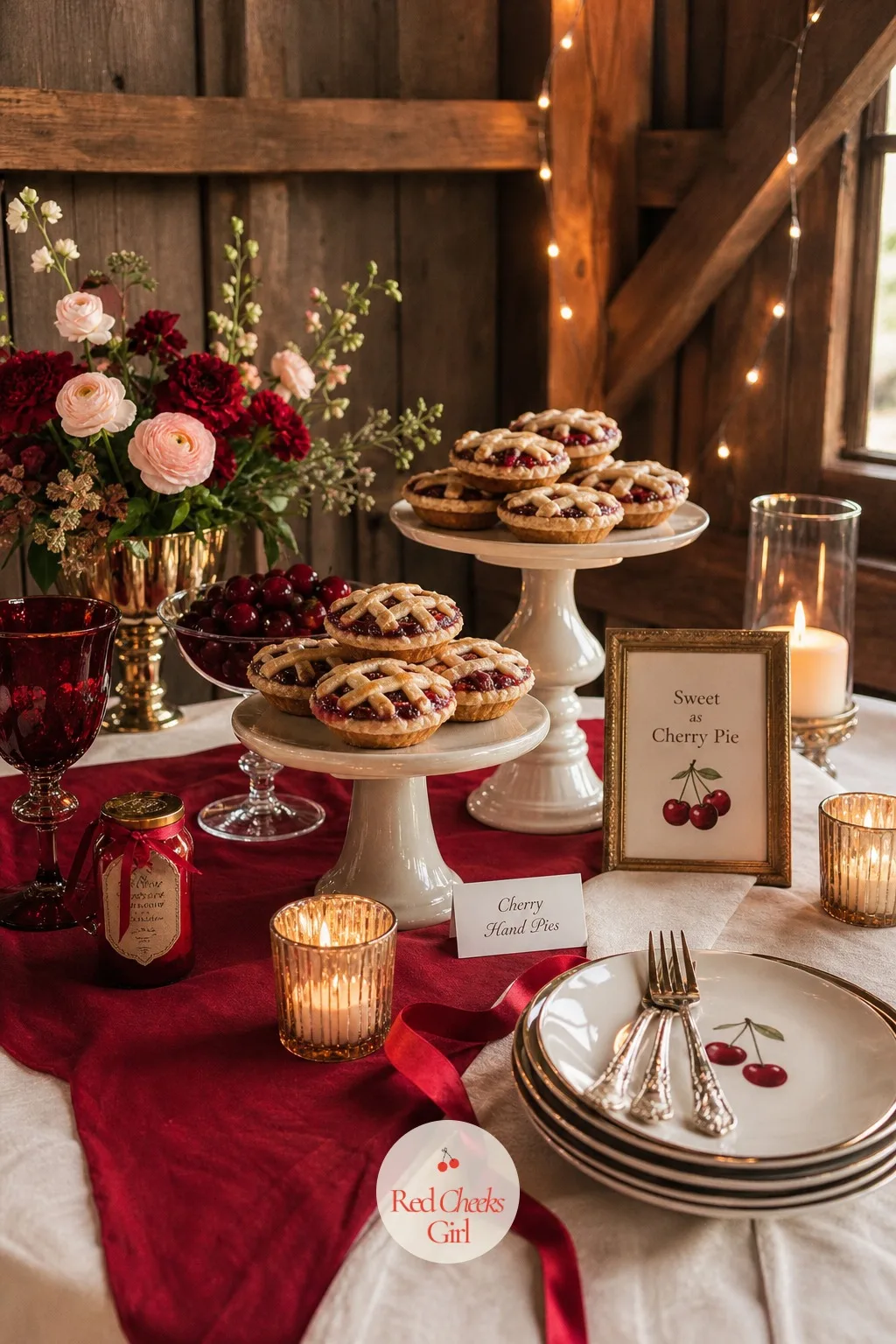 A Cherry Pie Dessert Table — Not every couple wants dessert to stop at one cake, and a pie table gives guests something to actually choose between. Cherry red