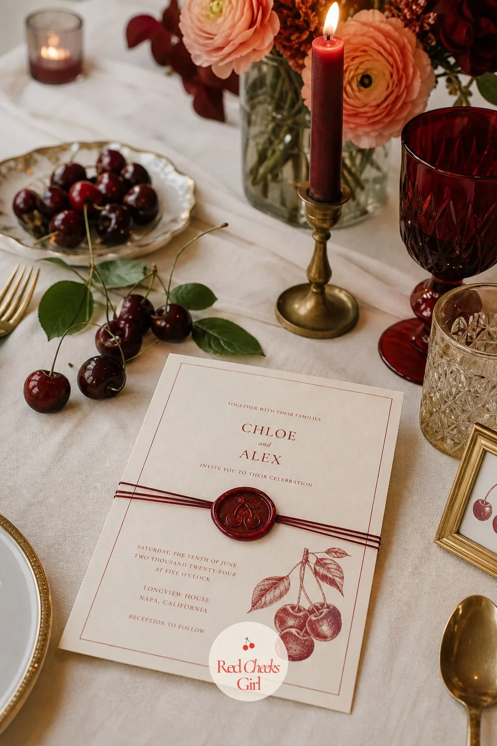 A Cherry Red Invitation Suite — By the time most couples get to the invitation, the whole look is already decided elsewhere, and the card just needs to say so