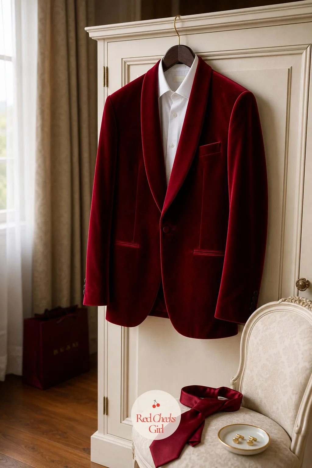 A Cherry Red Tie Or Velvet Jacket For The Groom — The groom does not need to compete with the bridesmaids in red, but standing next to them in plain black can
