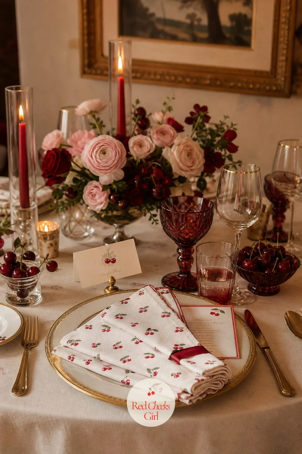 Cherry-Print Napkins At Every Place Setting — The napkin is the one thing every single guest actually touches, so it is worth getting right even on a tight
