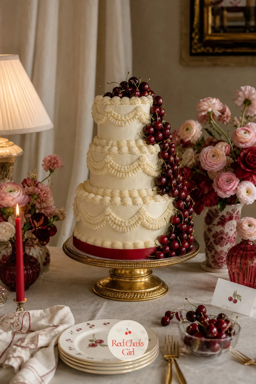 A Cherry-Topped Cake With Vintage Piping — A smooth modern cake can look slightly cold against all this warm red and candlelight. Cherry red wedding