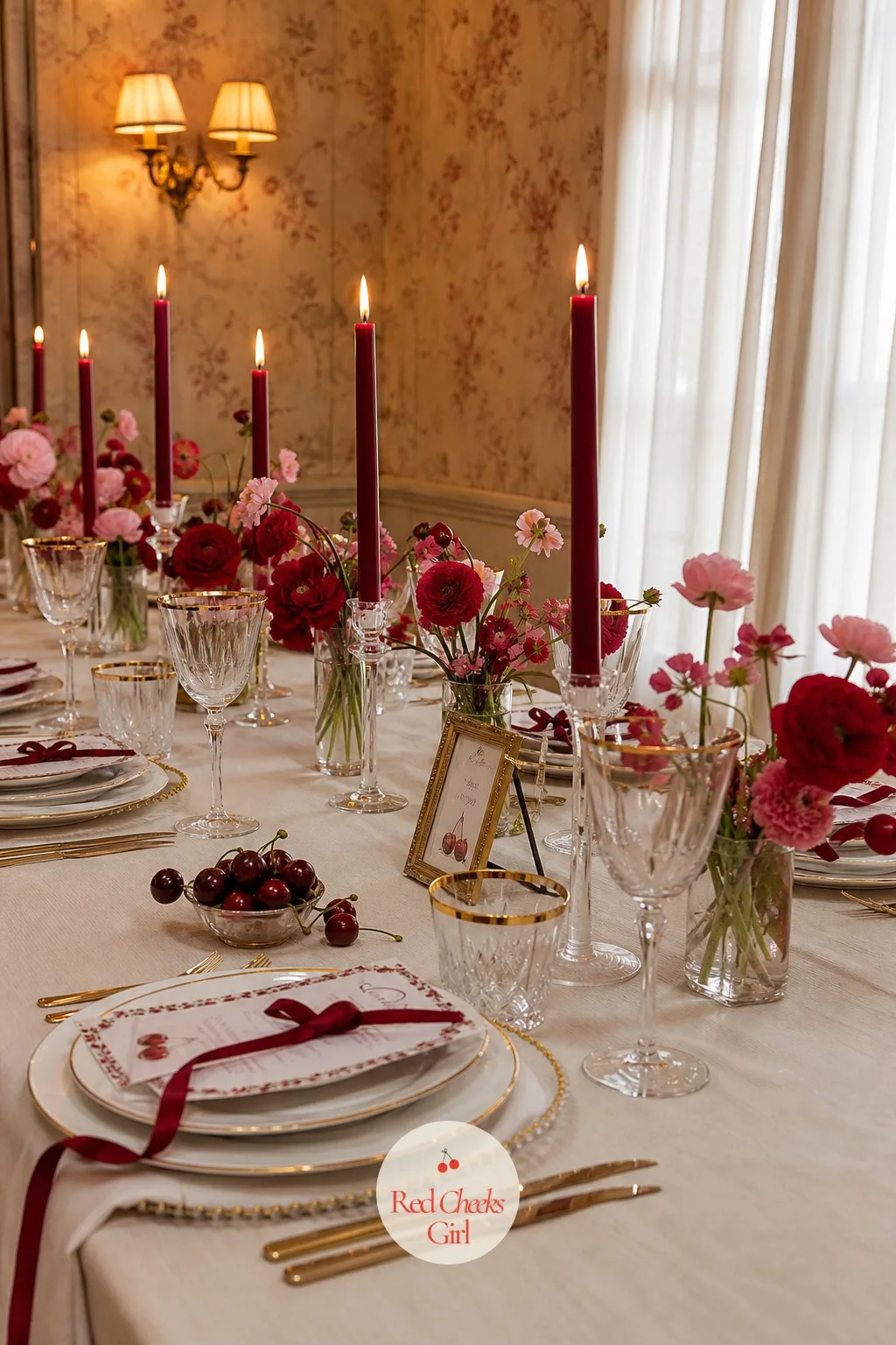 Cream Tables Set With Red Tapers And Gold Rims — A reception room reads formal or forgettable in the first three seconds, before anyone touches a fork. Cherry