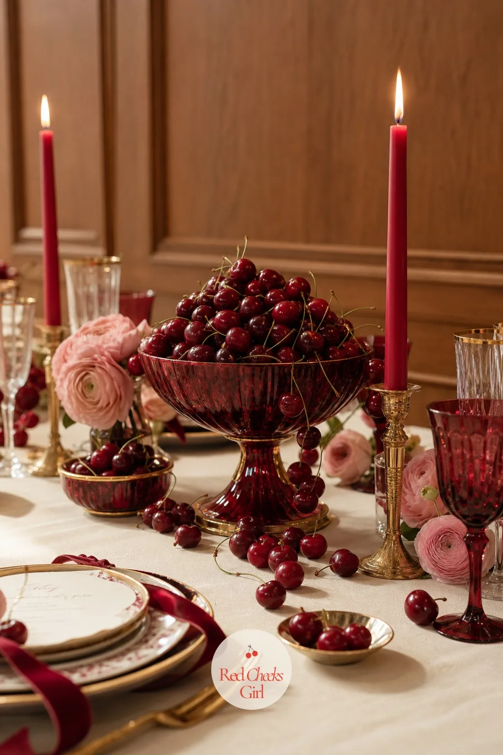 Footed Bowls Piled With Fresh Cherries — Flowers alone on a table can look a little stiff after an hour. Cherry red wedding