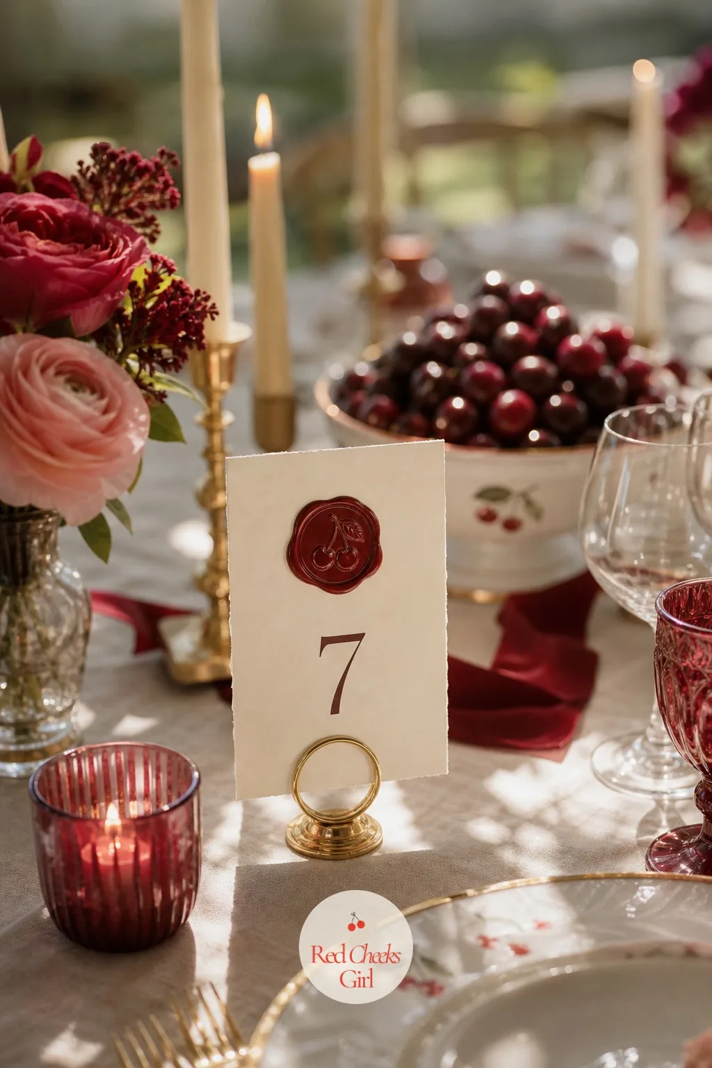 Table Numbers Stamped With A Cherry Wax Seal — A printed number on plain cardstock does the job and nothing more. Cherry red wedding