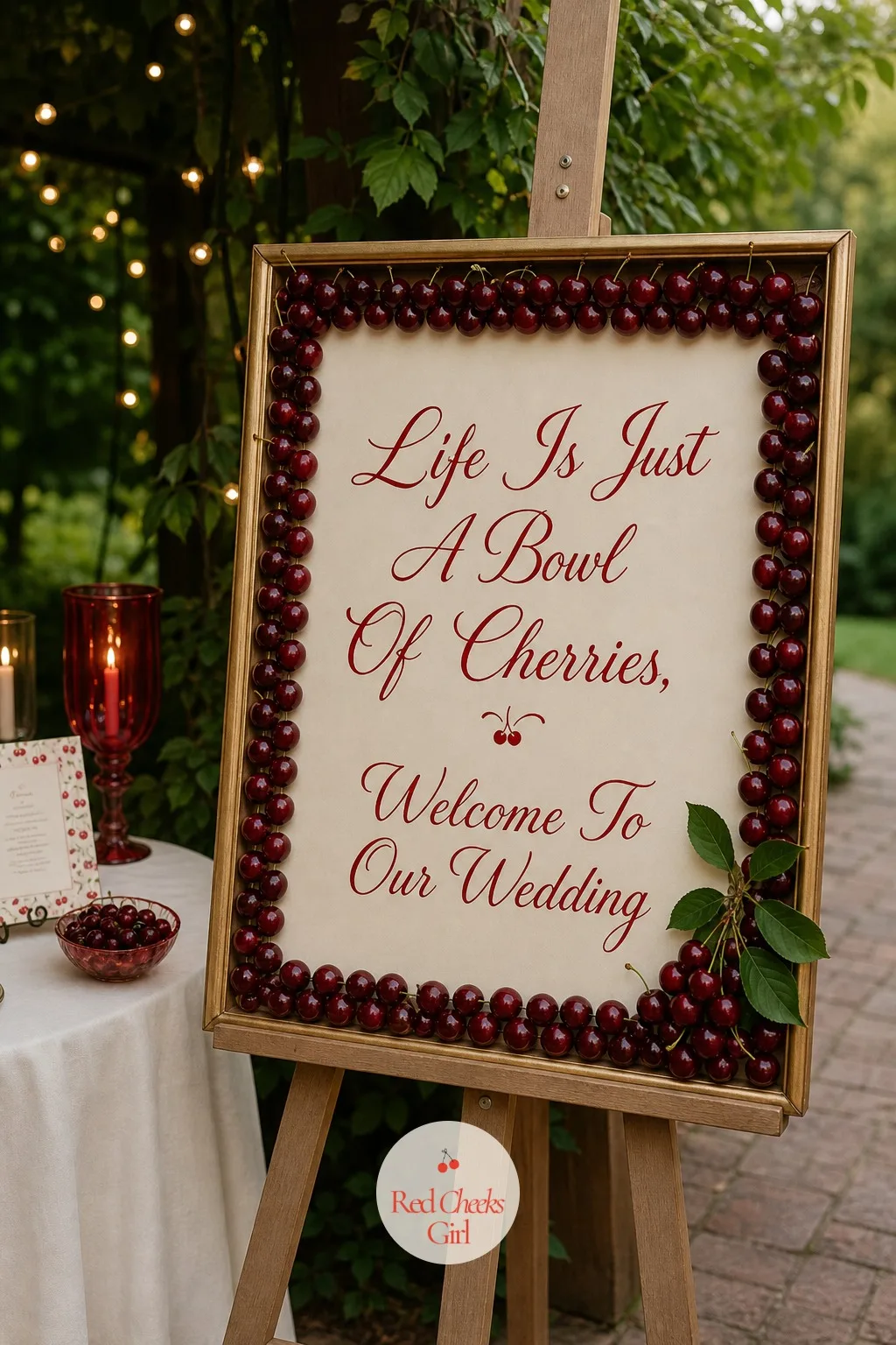 A Welcome Sign Framed In Cherries — Guests decide what kind of night it is before they even sit down, right there at the door. Cherry red wedding