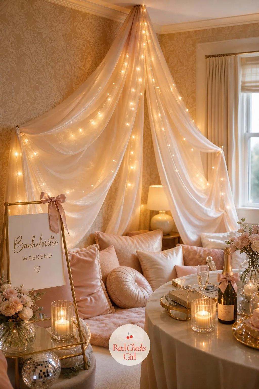 A Canopy of Soft Lights Over the Pillows — Overhead light flattens everyone by nine in the evening, so it stays off entirely. Chill bachelorette party ideas