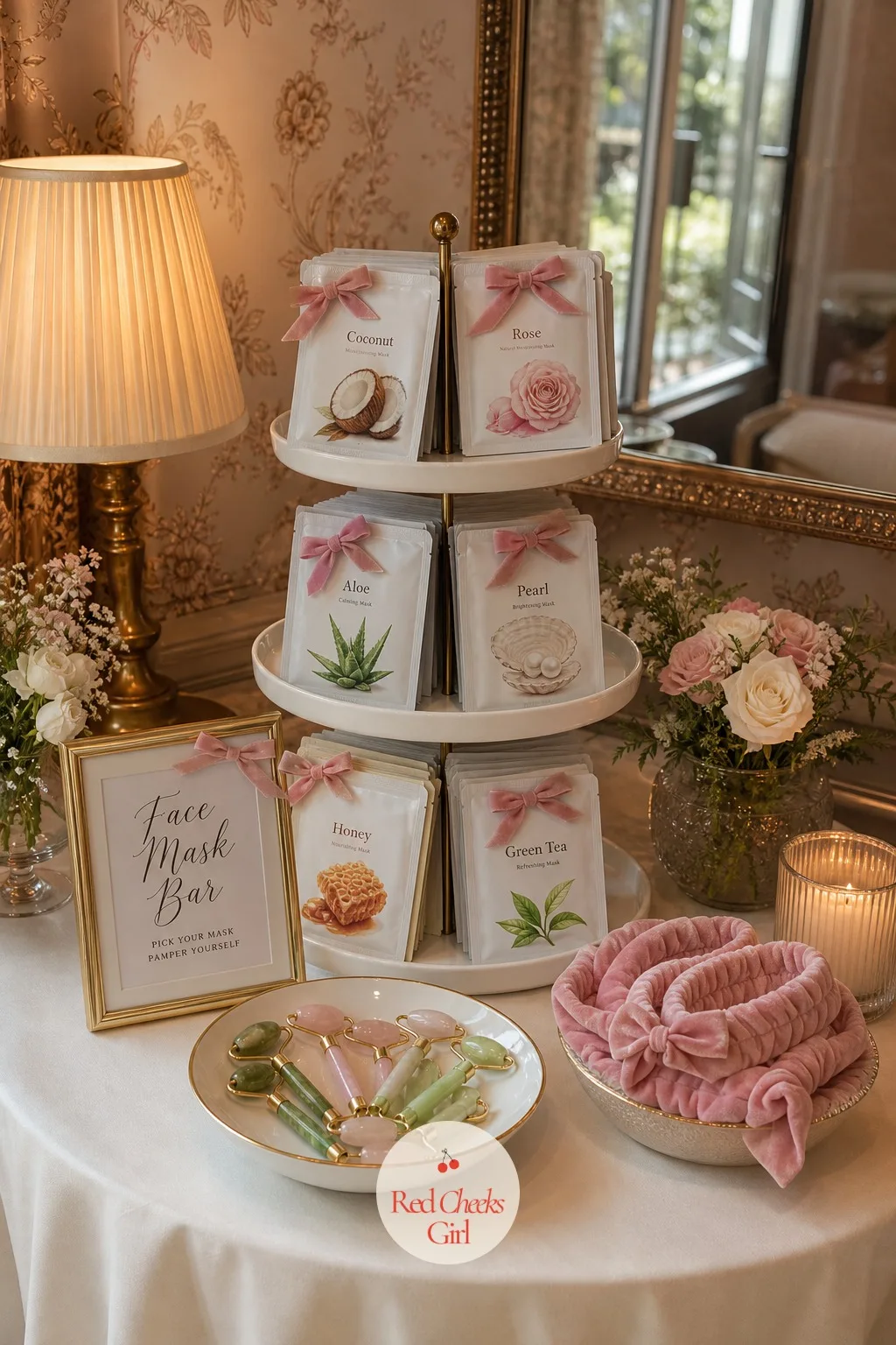 The Face Mask Bar — A pile of sheet masks tossed on a counter looks like a drugstore run, not a party. Chill bachelorette party ideas