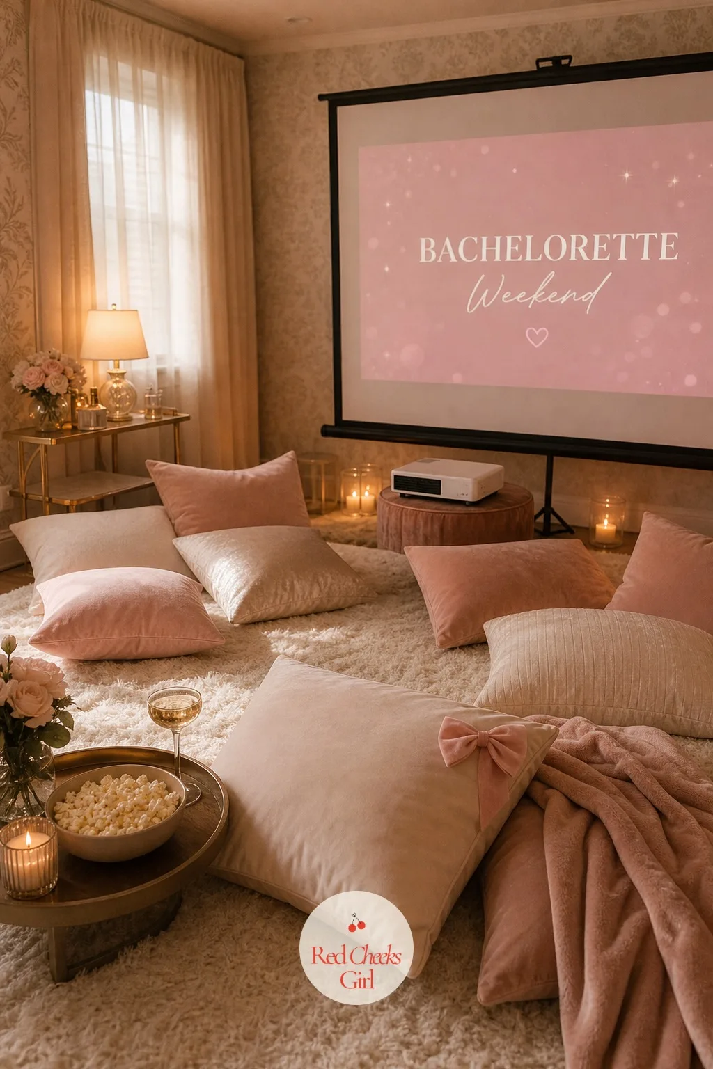 Floor Pillow Movie Corner With a Projector — No couch seats six comfortably, and nobody wants to crane their neck at a television anyway. Chill bachelorette