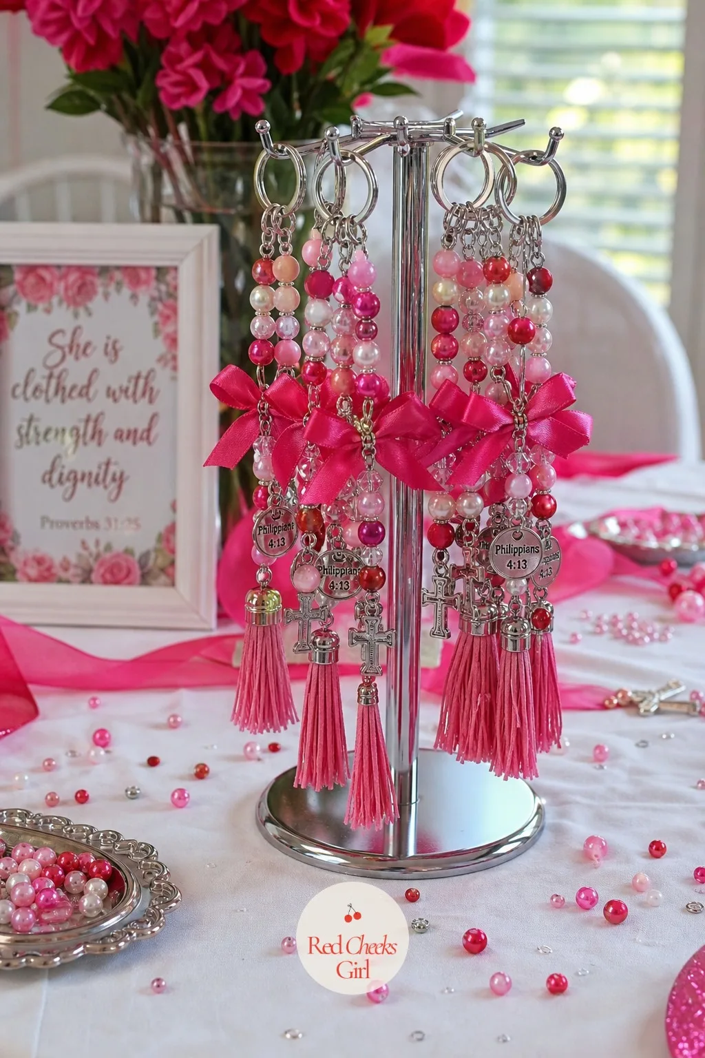 Beaded Scripture Keychains With Tassel And Bow — By the time she reaches the checkout she has already spent more than she planned, and a small keychain at a
