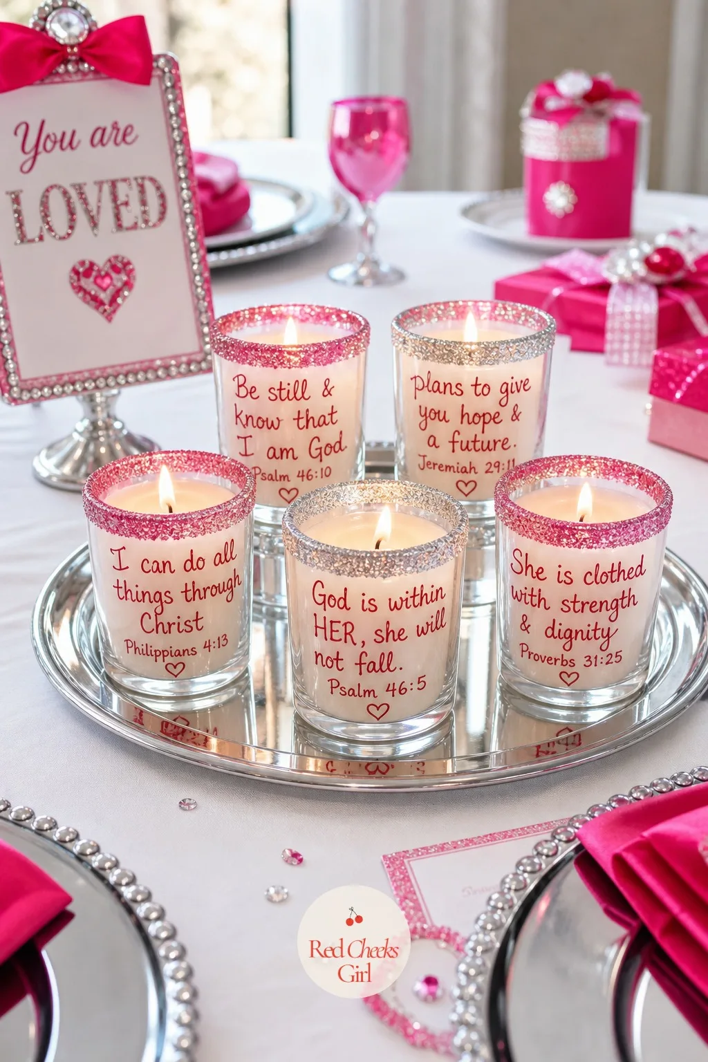Hand-Lettered Scripture Votive Candles With Glitter Rims — A candle earns its place on a shelf for months after the fair closes, lit on a hard week or just
