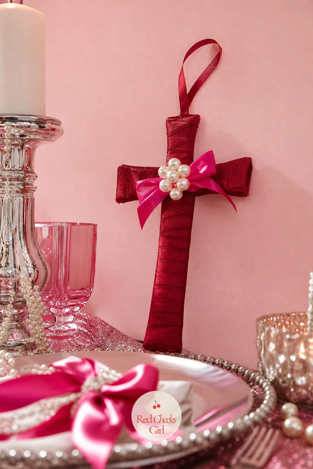 Ribbon And Pearl Cross Ornaments — Wrap a plain wooden cross blank in ribbon and it stops being a craft store blank; it becomes something that looks hand
