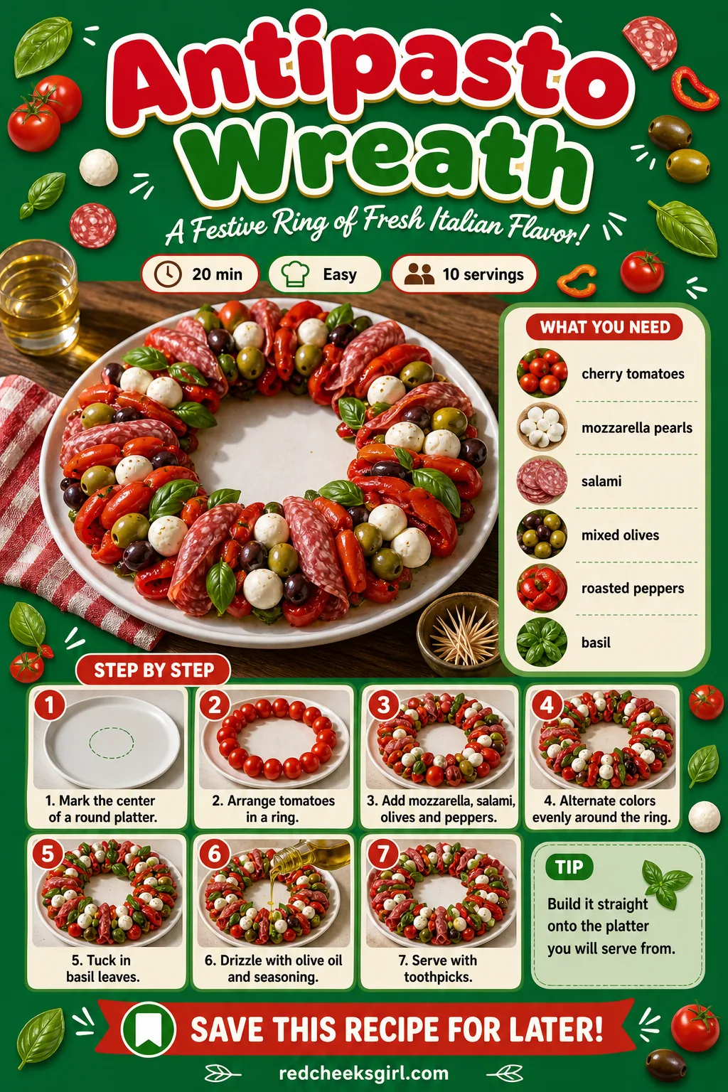 Antipasto Wreath Recipe Card printable sheet — Printable recipe card for Antipasto Wreath. Christmas party appetizers