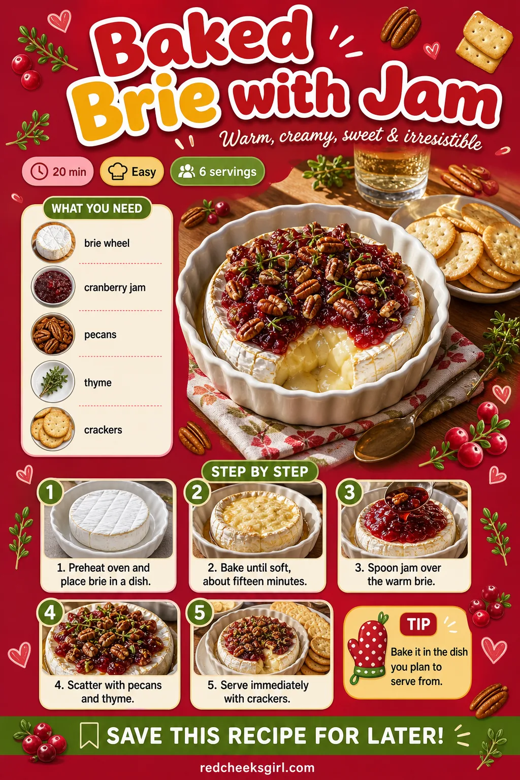 Baked Brie with Jam Recipe Card printable sheet — Printable recipe card for Baked Brie with Jam. Christmas party appetizers