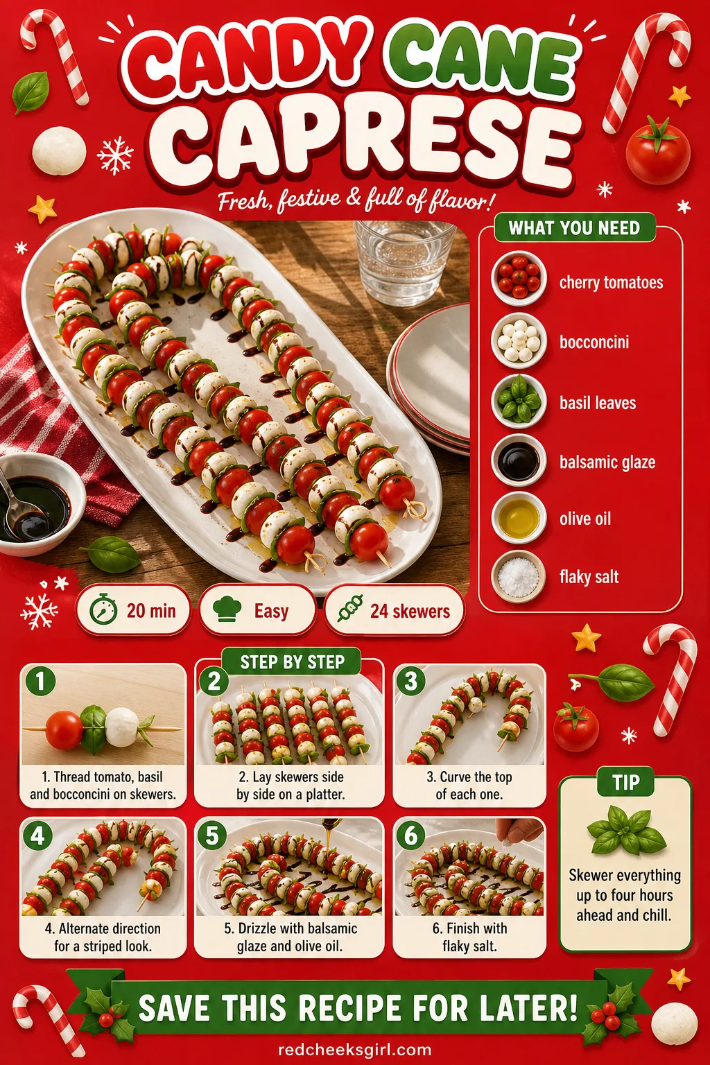Candy Cane Caprese Recipe Card printable sheet — Printable recipe card for Candy Cane Caprese. Christmas party appetizers