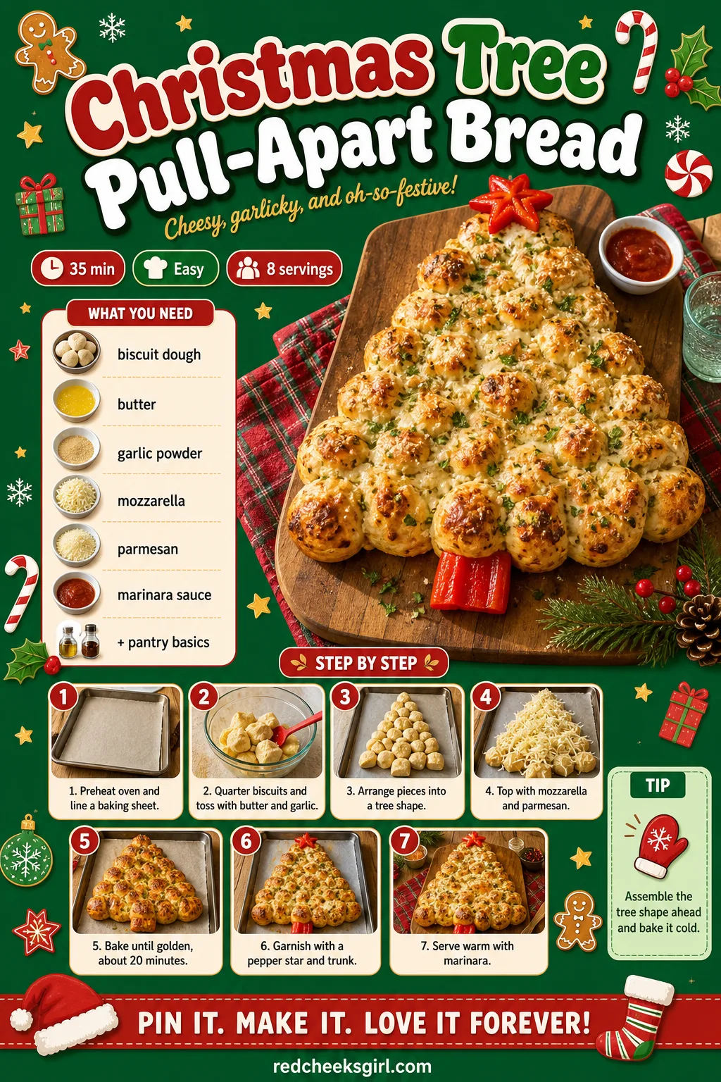 Christmas Tree Pull-Apart Bread Recipe Card printable sheet — Printable recipe card for Christmas Tree Pull-Apart Bread. Christmas party appetizers
