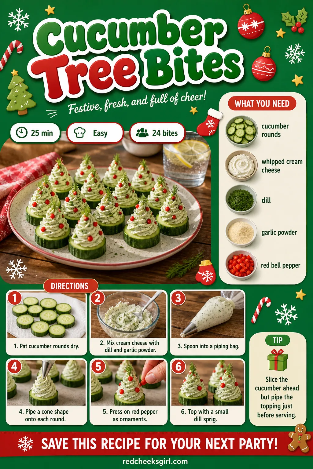 Cucumber Tree Bites Recipe Card printable sheet — Printable recipe card for Cucumber Tree Bites. Christmas party appetizers