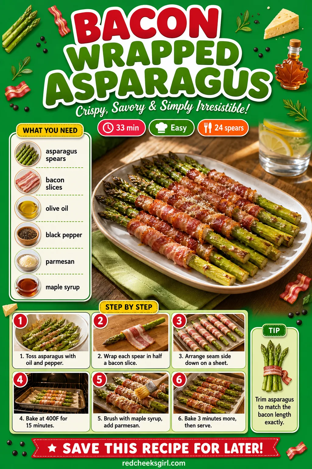Bacon Wrapped Asparagus Recipe Card printable sheet — Printable card with photo, ingredients, and steps for bacon wrapped asparagus. Christmas appetizers