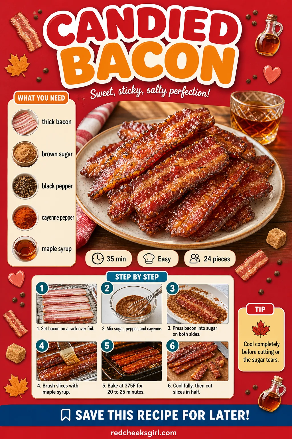Candied Bacon Recipe Card printable sheet — Printable card with photo, ingredients, and steps for candied bacon. Christmas appetizers finger foods