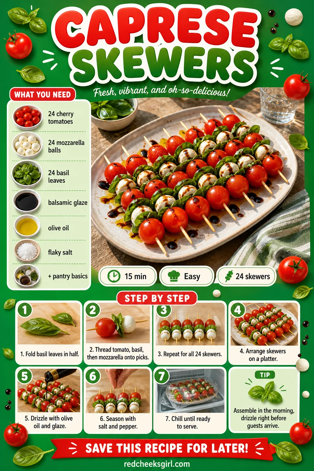 Caprese Skewers Recipe Card printable sheet — Printable card with photo, ingredients, and steps for caprese skewers. Christmas appetizers finger foods