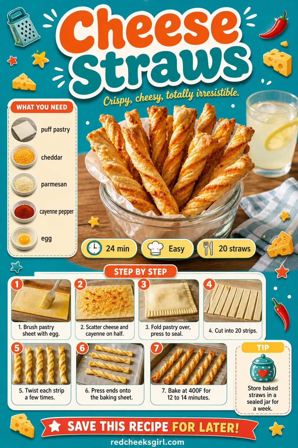 Cheese Straws Recipe Card printable sheet — Printable card with photo, ingredients, and steps for cheese straws. Christmas appetizers finger foods