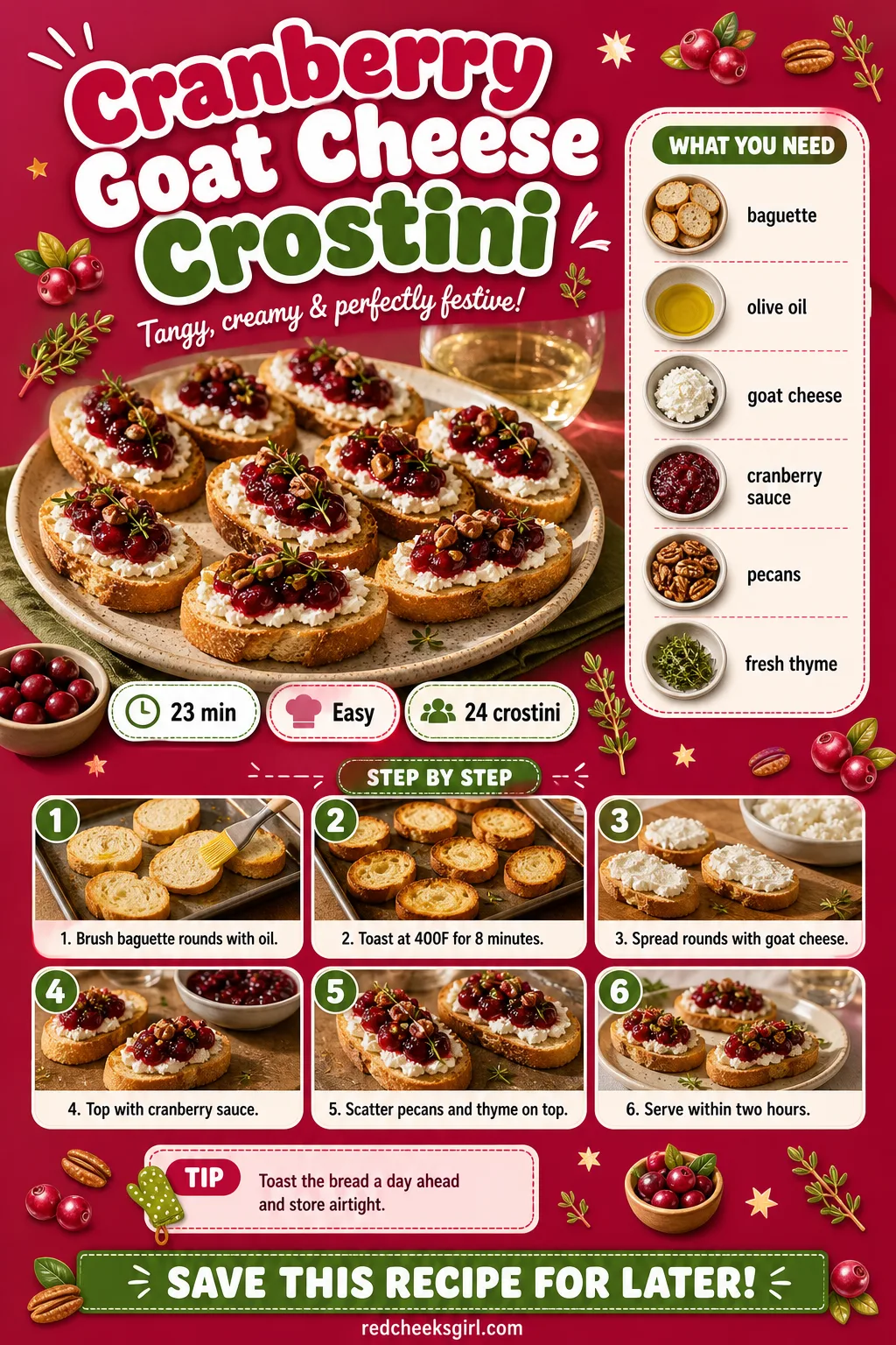 Cranberry Goat Cheese Crostini Recipe Card printable sheet — Printable card with photo, ingredients, and steps for cranberry goat cheese crostini. Christmas