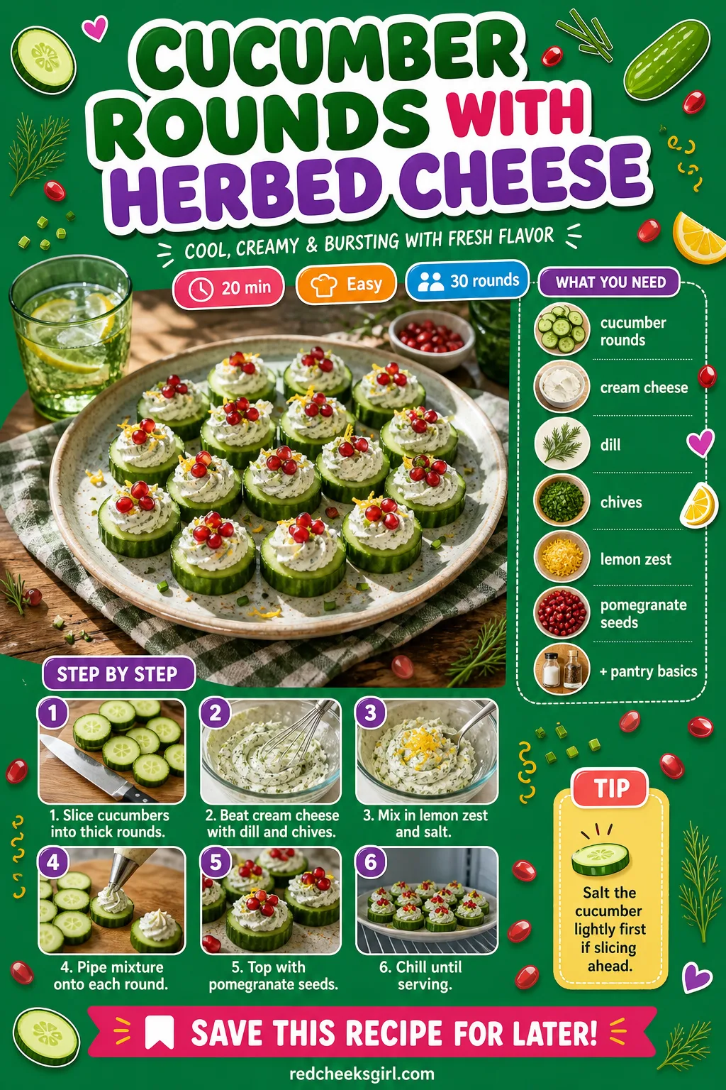 Cucumber Rounds with Herbed Cheese Recipe Card printable sheet — Printable card with photo, ingredients, and steps for cucumber rounds with herbed cheese.