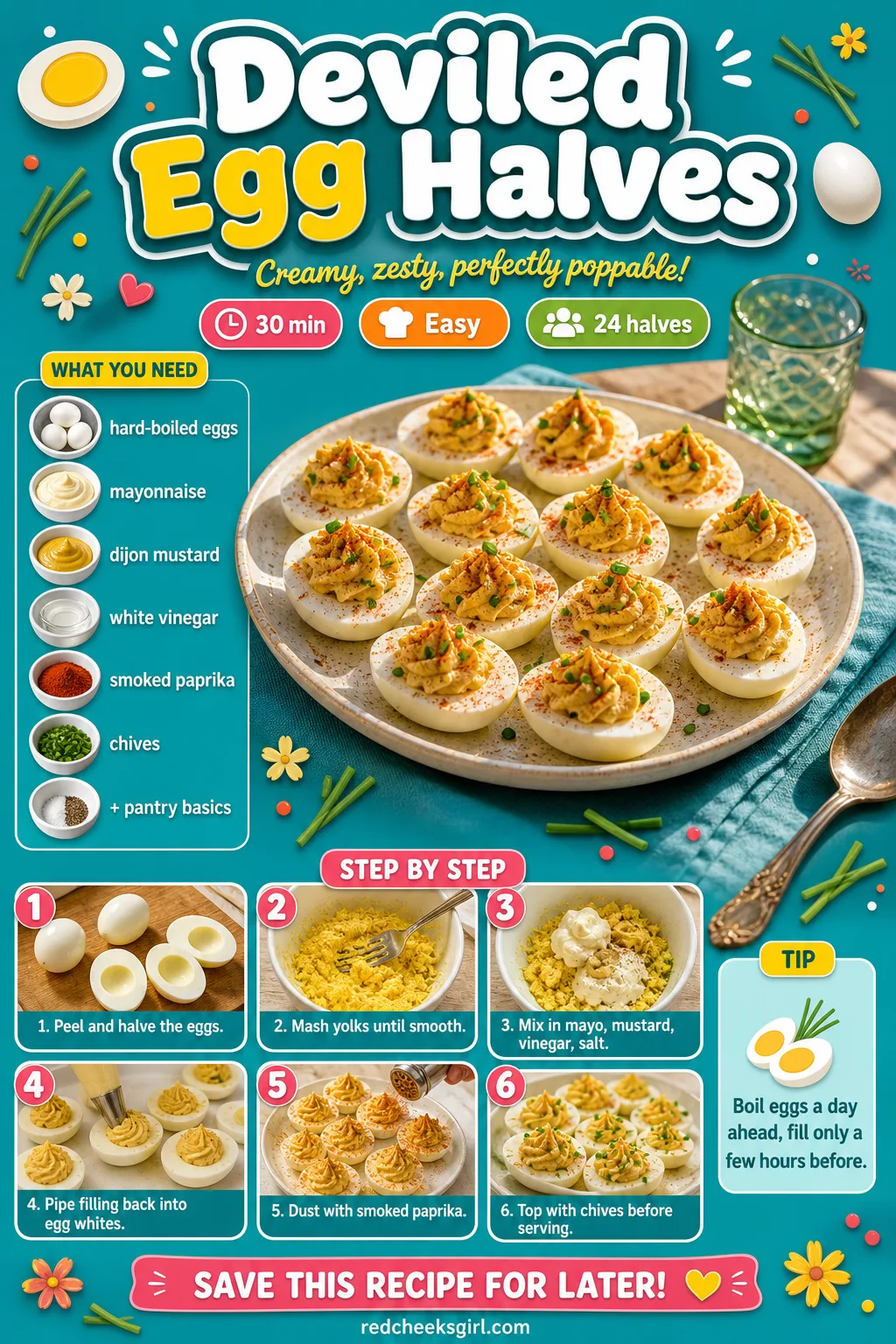 Deviled Egg Halves Recipe Card printable sheet — Printable card with photo, ingredients, and steps for deviled egg halves. Christmas appetizers finger foods